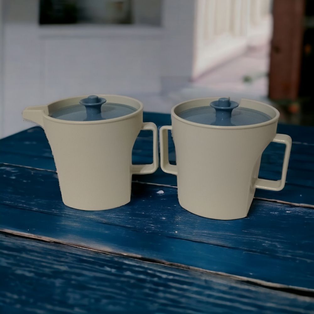 Tupperware Creamer Sugar Bowl Set Almond Blue Lids Retro 1415-2 & 1414-2 Vintage